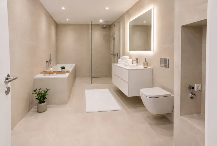 Bad mit Wanne, Glasdusche und beleuchtetem Spiegel