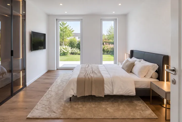 Schlafzimmer mit Doppelbett und zwei bodentiefen Fenstern zum Garten