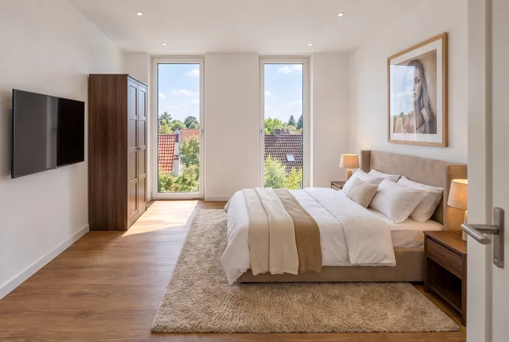 Schlafzimmer mit Doppelbett und zwei bodentiefen Fenstern