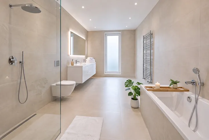Bad mit Regendusche, Wanne und Doppelwaschtisch
