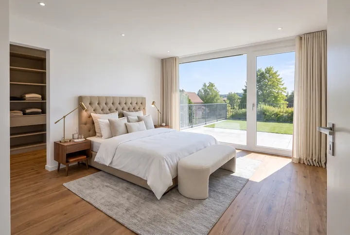 Schlafzimmer mit Ankleide und Zugang zur Terrasse