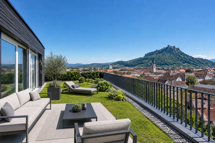 Dachterrasse mit Lounge und Blick über Singen zum Hohentwiel