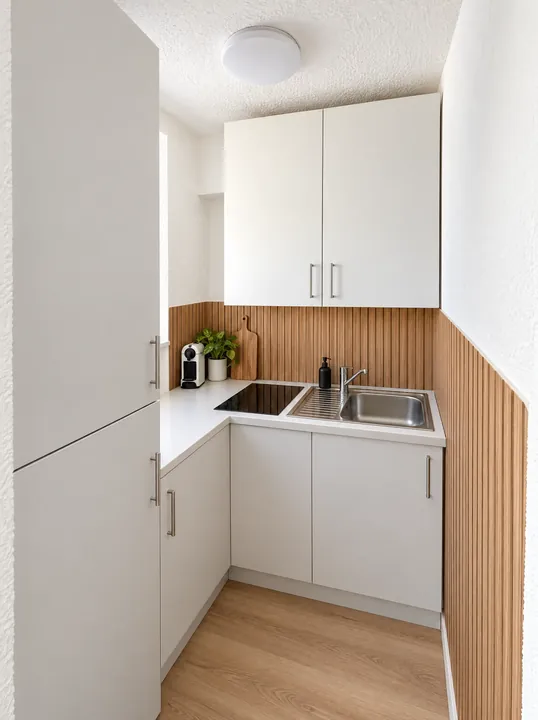 Kompakte Küche mit Kochfeld, Spüle und Holzrückwand