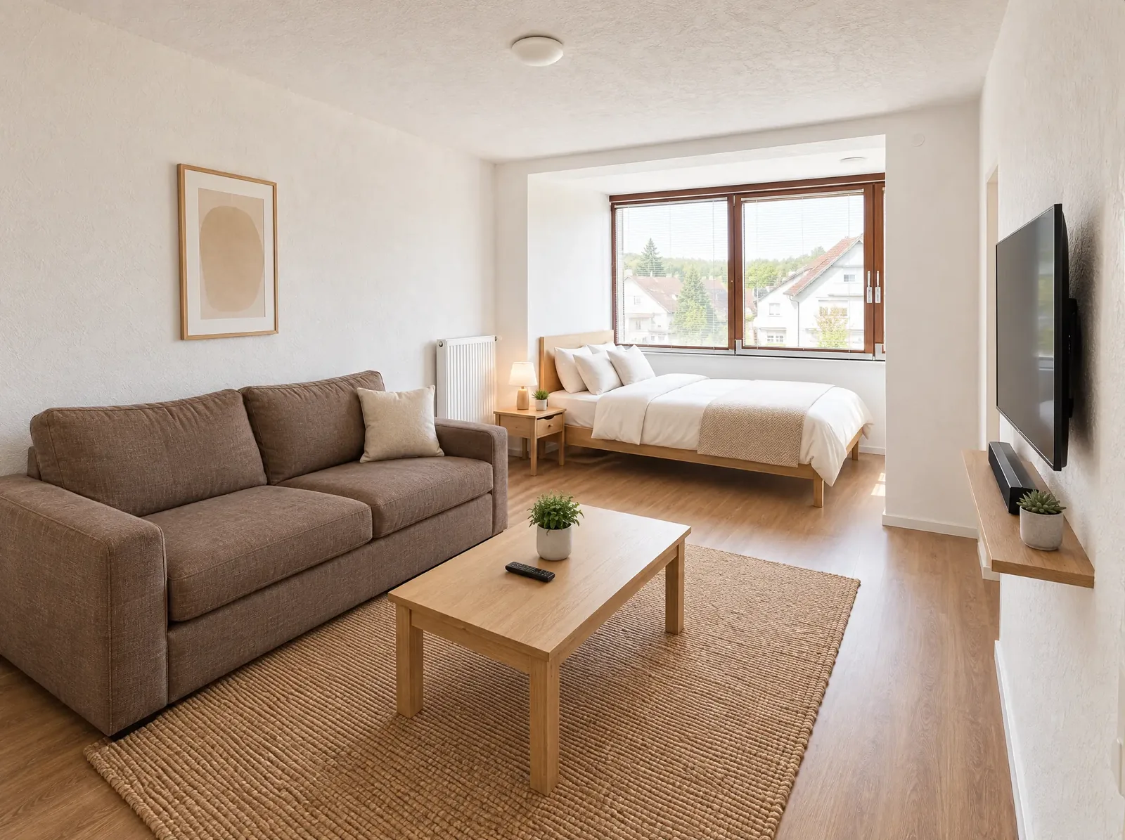 Studio mit Sofa, Couchtisch, Fernseher und Doppelbett an der Fensterfront