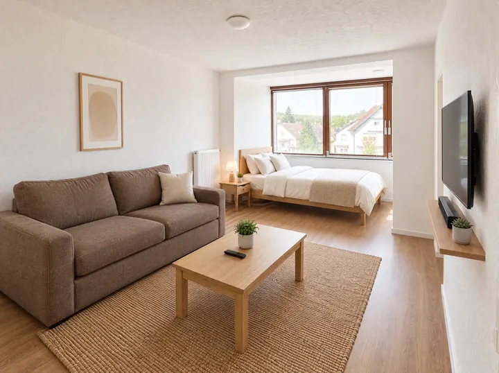 Studio mit Sofa, Couchtisch, Fernseher und Doppelbett an der Fensterfront