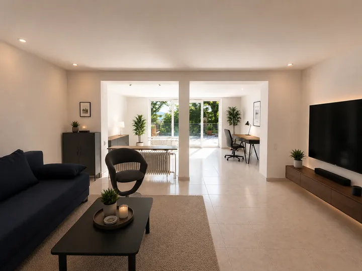 Wohnraum mit Sofa, Fernseher und Arbeitsplatz, dahinter die Terrasse
