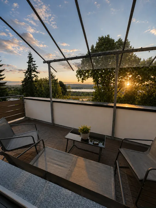 Überdachte Terrasse mit Blick über die Bäume auf den Untersee bei Sonnenuntergang